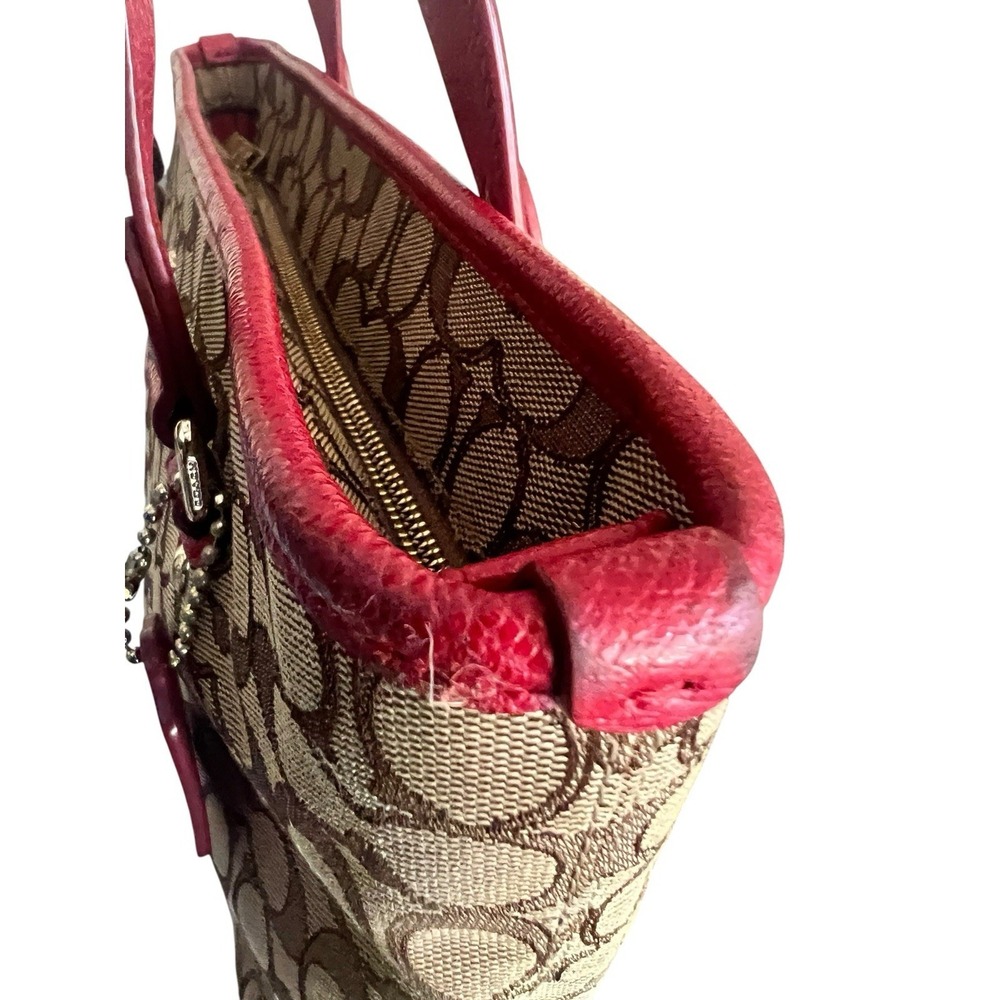 Coach Signature Coated Canvas and Red Leather Trim Purse Tote Gold Hardware - Picture 7 of 16